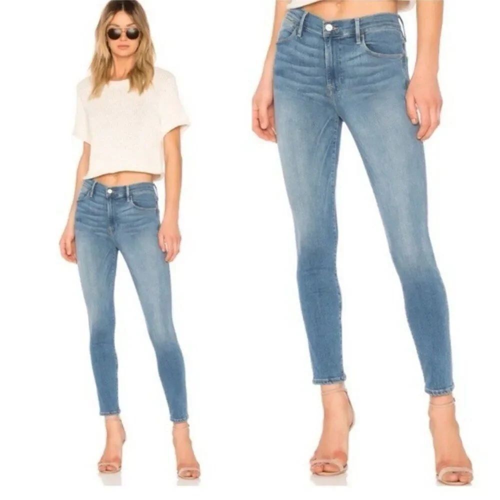 frame denim le high skinny roke High Rise Blue Jeans Stretch 24